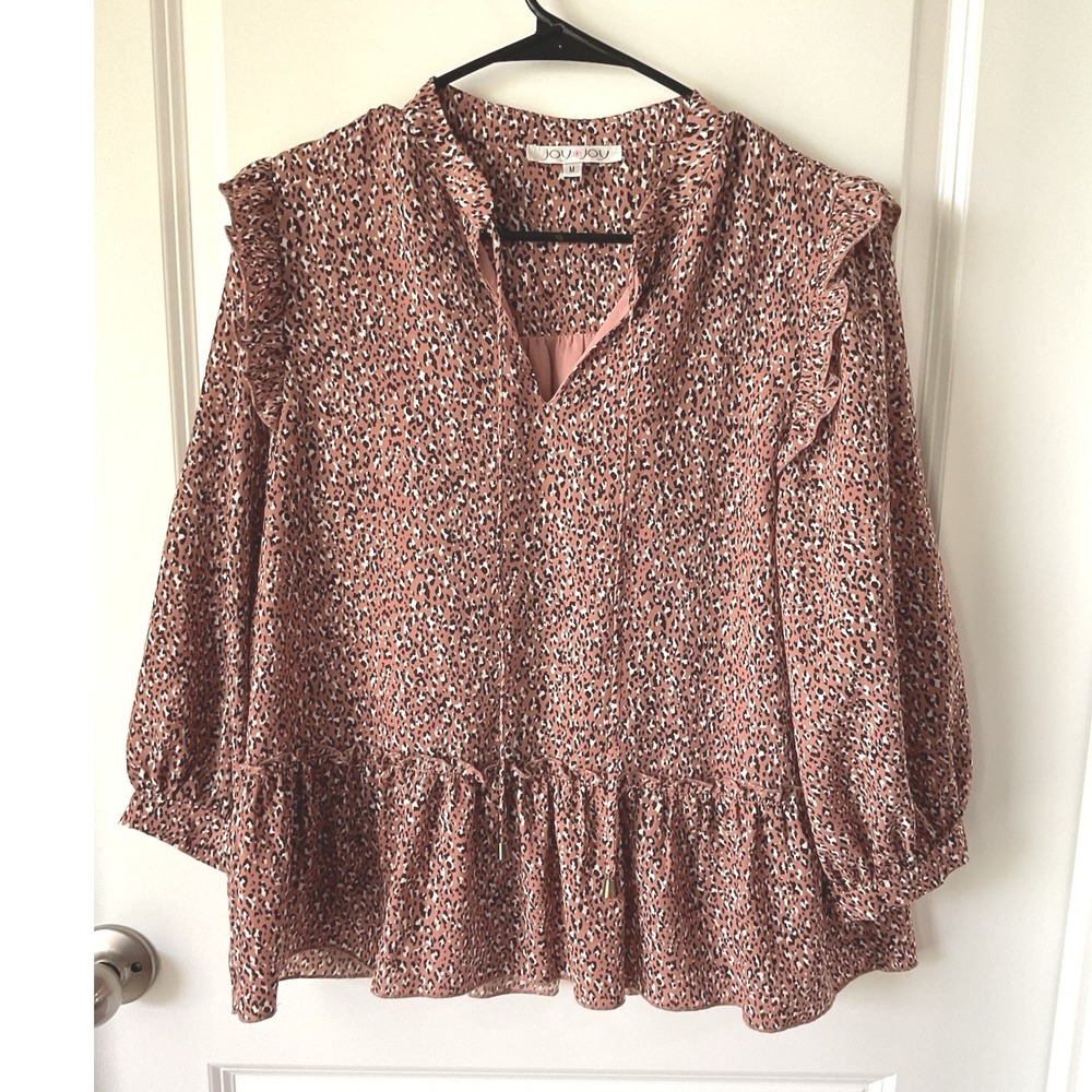 Boho Joy Joy Womens Leopard Print Peplum Blouse Long V Neck Medium Feminine M